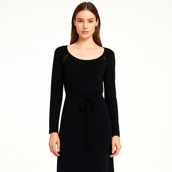 BCBGMAXAZRIA Black Knit Belted Sweater Dress Long Sleeve Size L – Chic & Classic - Picture 2 of 15